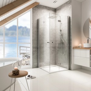 Schulte Eckeinstieg mit Drehfalttür Garant, Chrom-Optik, 90x90 cm, in modernem Badezimmer.