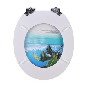 Weißer ovaler WC-Sitz mit tropischem Strandmotiv, blauer See und Palmen. Mit Absenkautomatik.