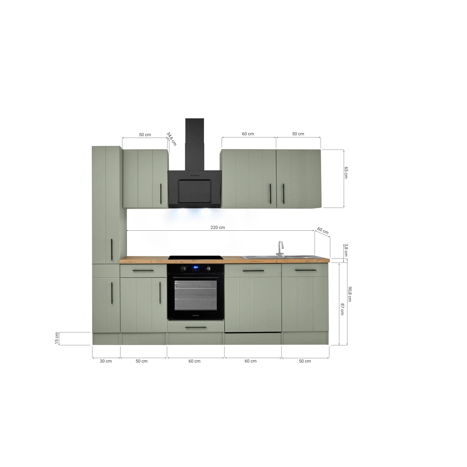 Respekta Küchenzeile Anton Landhaus Schilfgrün 250 cm mit Induktionskochfeld und Elektrogeräten.