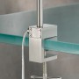 Detailaufnahme: Fischer & Honsel LED-Klemmleuchte Sten in Nickel an einer Glasplatte befestigt.