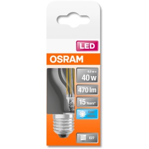 Osram LED-Lampe E27 Tropfenform, 4W, 470lm, neutralweiß, in Verpackung.