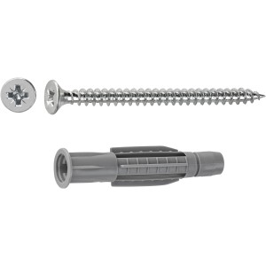 LUX Allzweckdübel mit Schrauben, 10x58mm, 4er-Set. Dübel aus grauem Kunststoff, Schraube aus Metall.