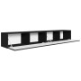 Schwarzes Selsey TV-Hängeboard Veldio mit geriffelter Lamellenfront, 200 cm breit, offene Türen zeigen 4 Fächer.