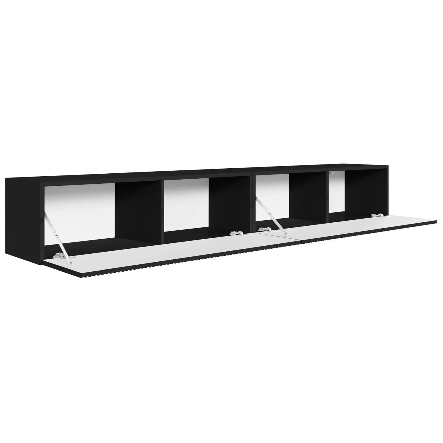 Schwarzes Selsey TV-Hängeboard Veldio mit geriffelter Lamellenfront, 200 cm breit, offene Türen zeigen 4 Fächer.