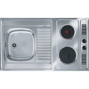 Edelstahl-Pantryauflage mit Spüle und 2-Platten-Kochfeld für Flex-Well Miniküche.