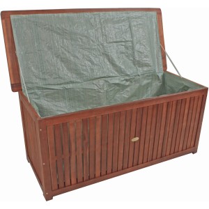 Geöffnete Auflagenbox Plano aus Eukalyptusholz mit Folieninnentasche für Gartenstuhlauflagen.