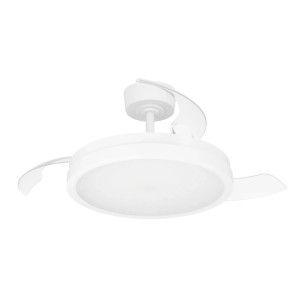 Weißer Eglo LED-Deckenventilator Malpica, 24,2 Watt, Ø 98 cm mit transparenten Flügeln.
