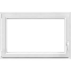 Weißes Kunststofffenster, 90x60 cm, 3-fach Verglasung, links angeschlagen, für hohe Wärmedämmung.