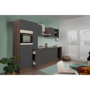 Respekta Küchenzeile KB300EYG, 300 cm, Grau Seidenglanz mit Eiche York Dekor, inklusive Elektrogeräte.