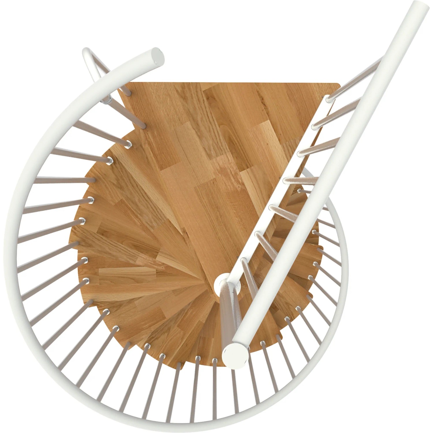Minka Spindeltreppe Spiral Smart, Eiche/Weiß, Ø140cm, Aufsicht. Innentreppe mit Holzstufen und weißem Geländer.