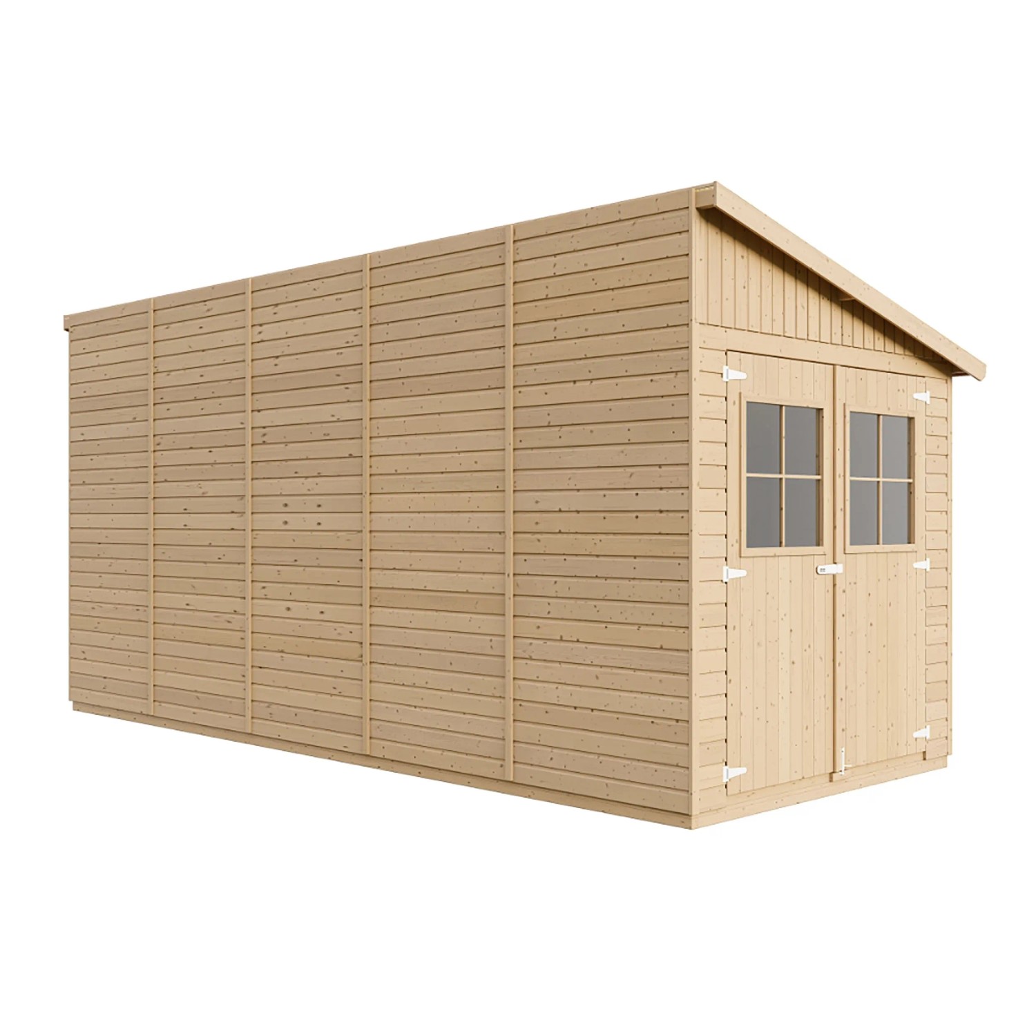 Timbela Anbau-Gartenhaus M341A, 10 m², Holzhaus mit Doppeltür und Fenster.