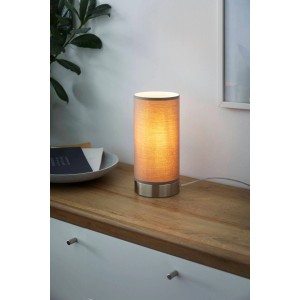 Eglo Tischleuchte Pasteri, 1-flammig, Nickel-Taupe matt, Stoffschirm, auf Kommode.
