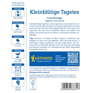 Kiepenkerl Saatgut Kleinblütige Tagetes Luna Orange: Packung mit Infos zu Aussaat und Blütezeit.