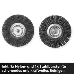 Zwei Fugenbürsten für Einhell Akku-Fugenreiniger: Nylonbürste für sanfte, Stahlbürste für kraftvolle Reinigung von Fugen.