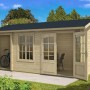 Imprägniertes Alpholz Gartenhaus Bolton-28 XL mit Satteldach, 520x236 cm, mit geöffneten Türen.