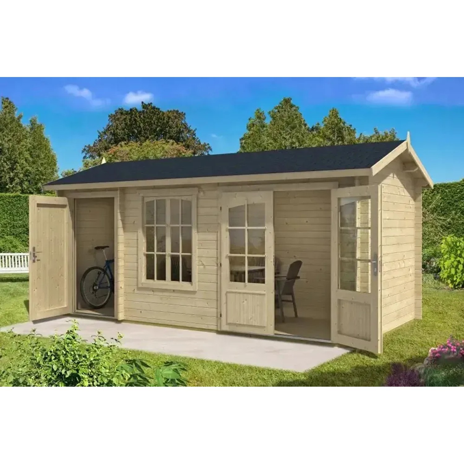Imprägniertes Alpholz Gartenhaus Bolton-28 XL mit Satteldach, 520x236 cm, mit geöffneten Türen.
