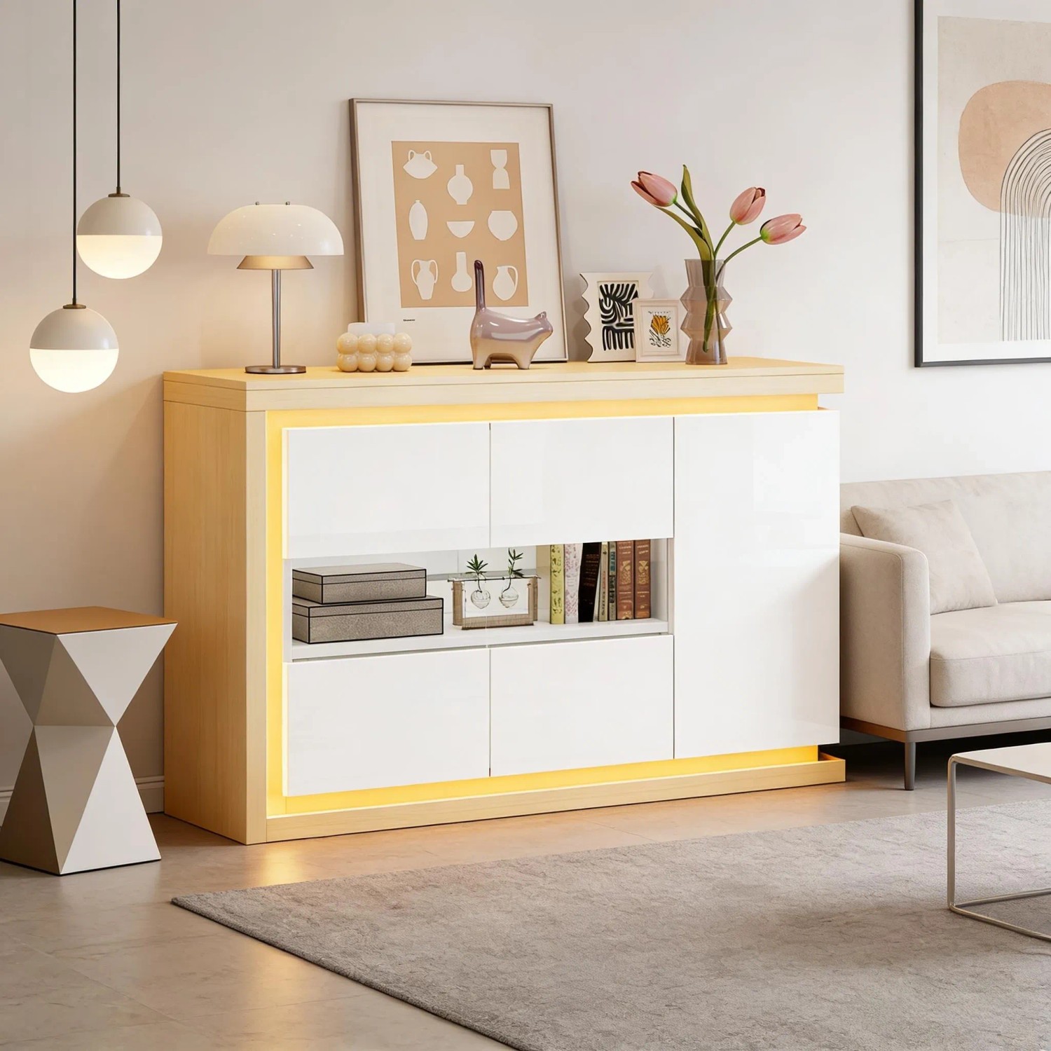 okwish Sideboard mit LED Türen Fächern Wohnzimmer Büro 140x40x84 cm Weiß_8