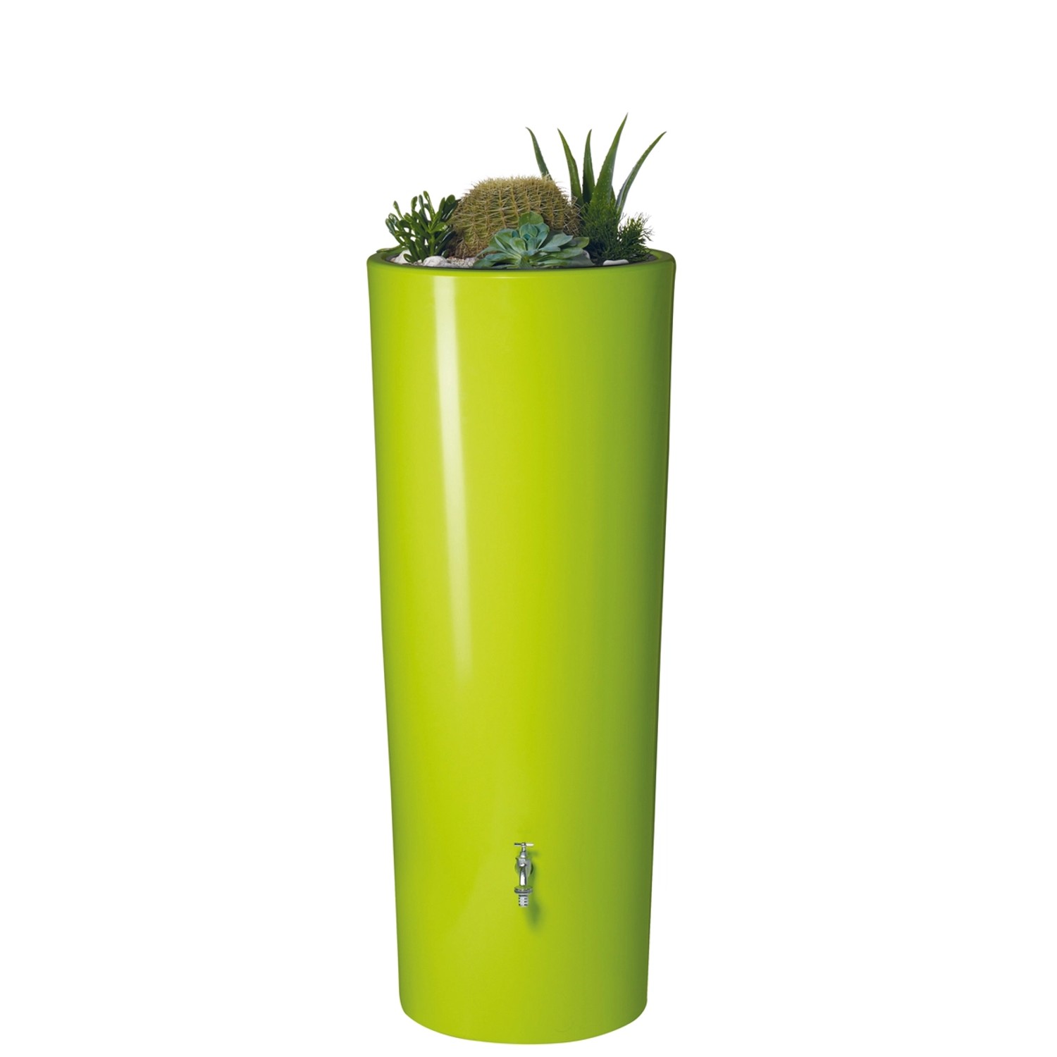 Garantia Regenwasser-Behälter 2in1 Color 350 l Apple, bepflanzt mit Kakteen und Sukkulenten.