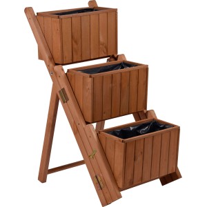 Dreistufige, braune Pflanztreppe aus Holz für den vertikalen Garten.