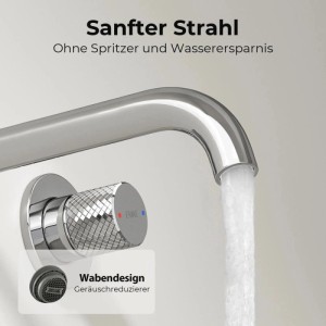 Emke Waschtischarmatur Chrom, Wandmontage. Wasserhahn mit sanftem Strahl, Wabendesign-Regler und Wasserersparnis.