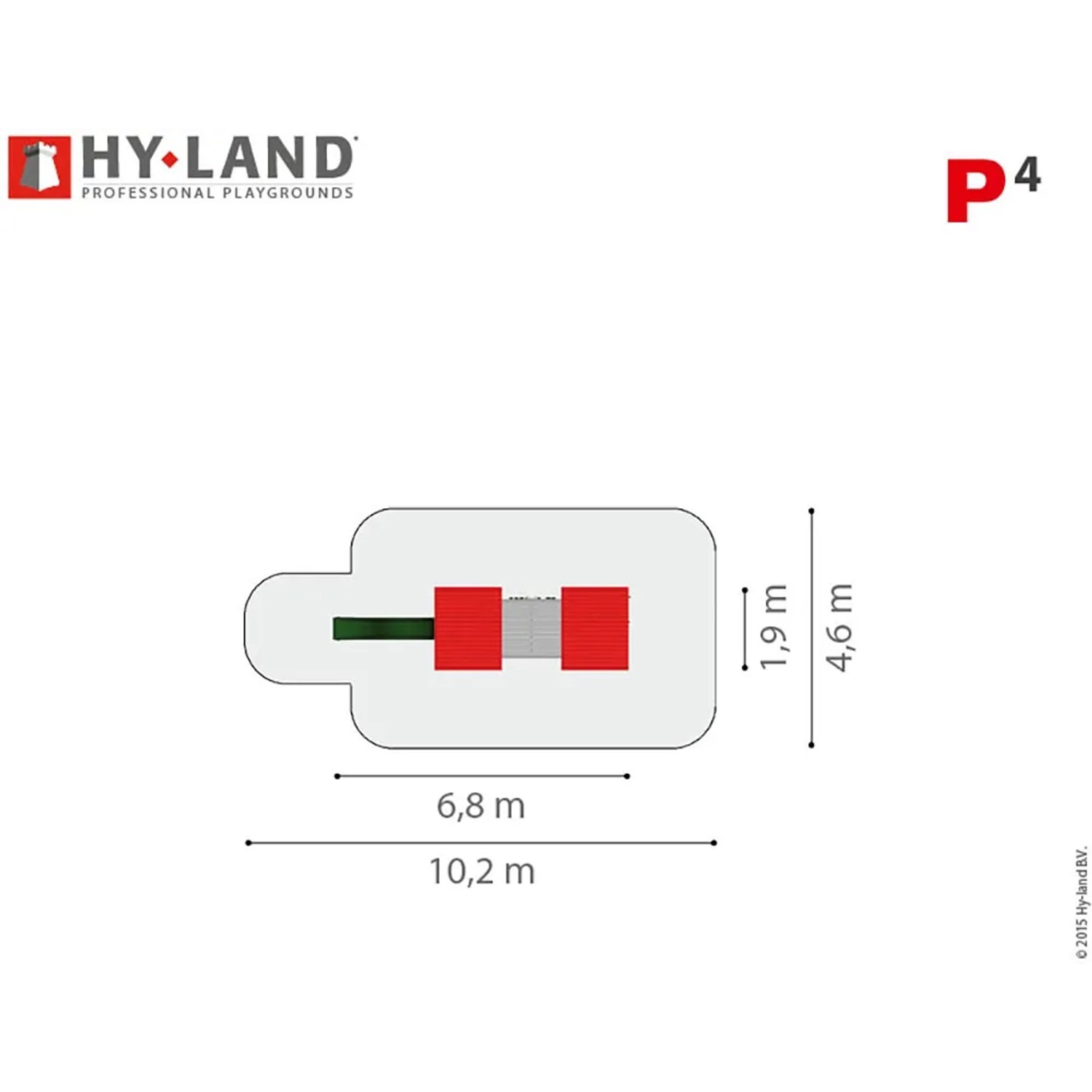Draufsicht Hy-Land Spielgerät P4 mit Rutsche, Maße: 6,8 x 10,2 m, Plattformen rot, Rutsche grün.