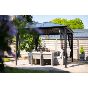 Sojag Pavillon Verona, 298x298 cm, Anthrazit. Aluminium Pavillon mit Moskitonetz und Vorhängen.