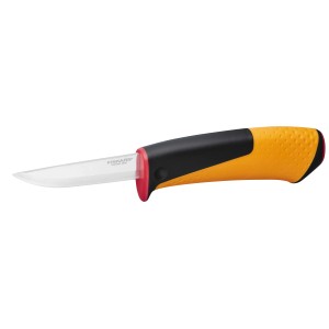 Fiskars Handwerkermesser mit Holster und Messerschärfer, kurze Klinge, ergonomischer Griff.