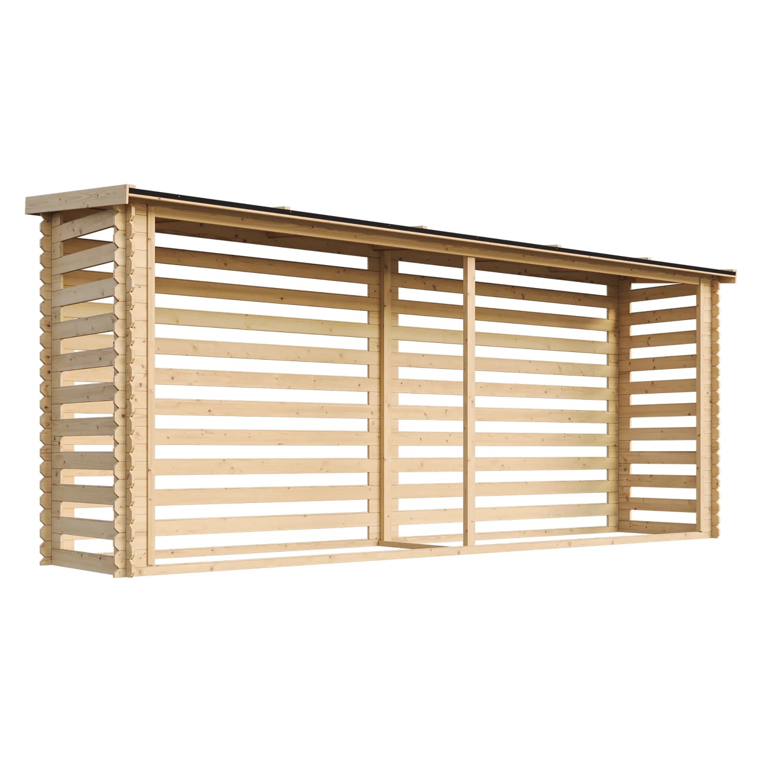 TIMBELA Brennholzregal M203 aus Holz mit Pultdach, ideal zur Lagerung von Kaminholz.