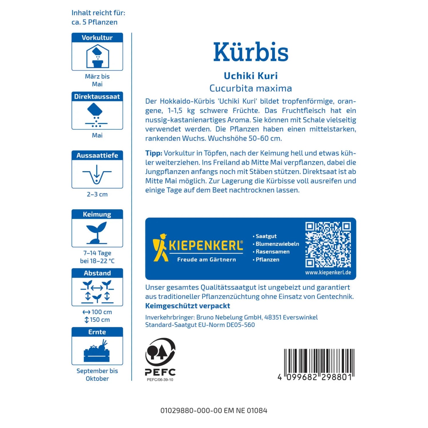 Kiepenkerl Kürbis Uchiki Kuri Samenpackung, orangefarbener Hokkaido Kürbis.