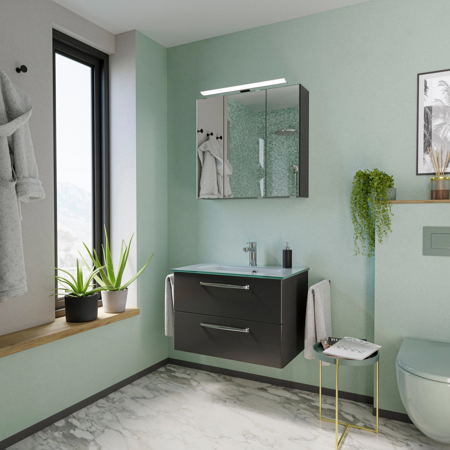 Pelipal Waschbeckenunterschrank Trentino, Anthrazit Hochglanz, 75 cm, mit zwei Schubladen im Badezimmer.