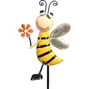 Mehrfarbiger Gartenstecker Biene, 95 cm hoch, aus Metall für Beet und Pflanzkasten.