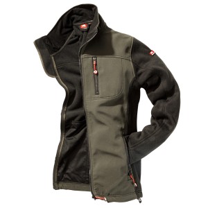 Oliv-schwarze Bullstar Strick-Softshelljacke Worxtar, Größe S, mit Reißverschlusstaschen.