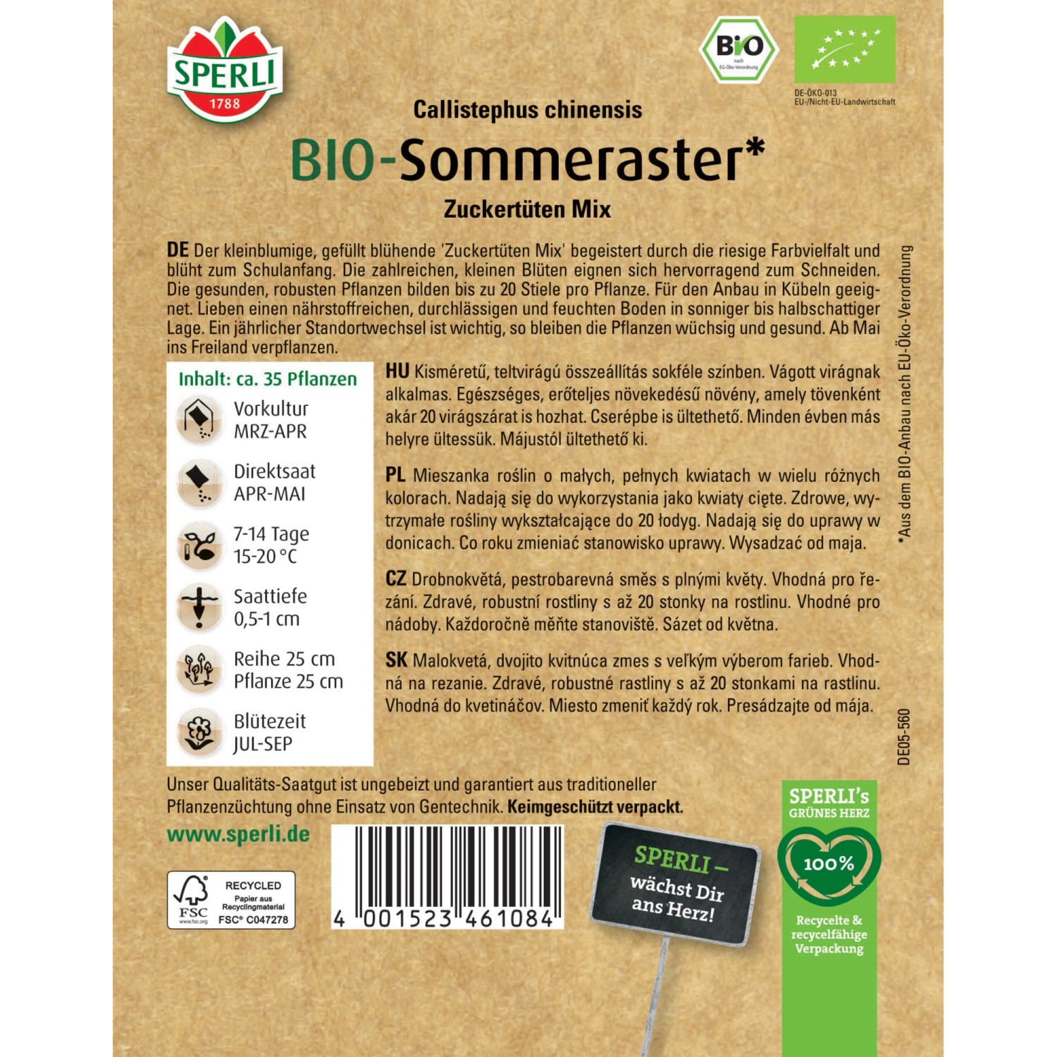 Sperli Bio Sommeraster Mischung, Callistephus chinensis, Samentüte mit Infos zu Aussaat und Pflege.