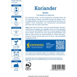 Kiepenkerl Koriander Jantar Saatscheibe: Verpackung mit Infos zu Aussaat und Erntezeiten.