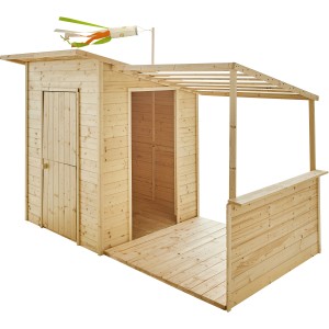 Soulet Kinderspielhaus Santa Barbara mit Anbau, aus Holz, mit Tür und Fenster.