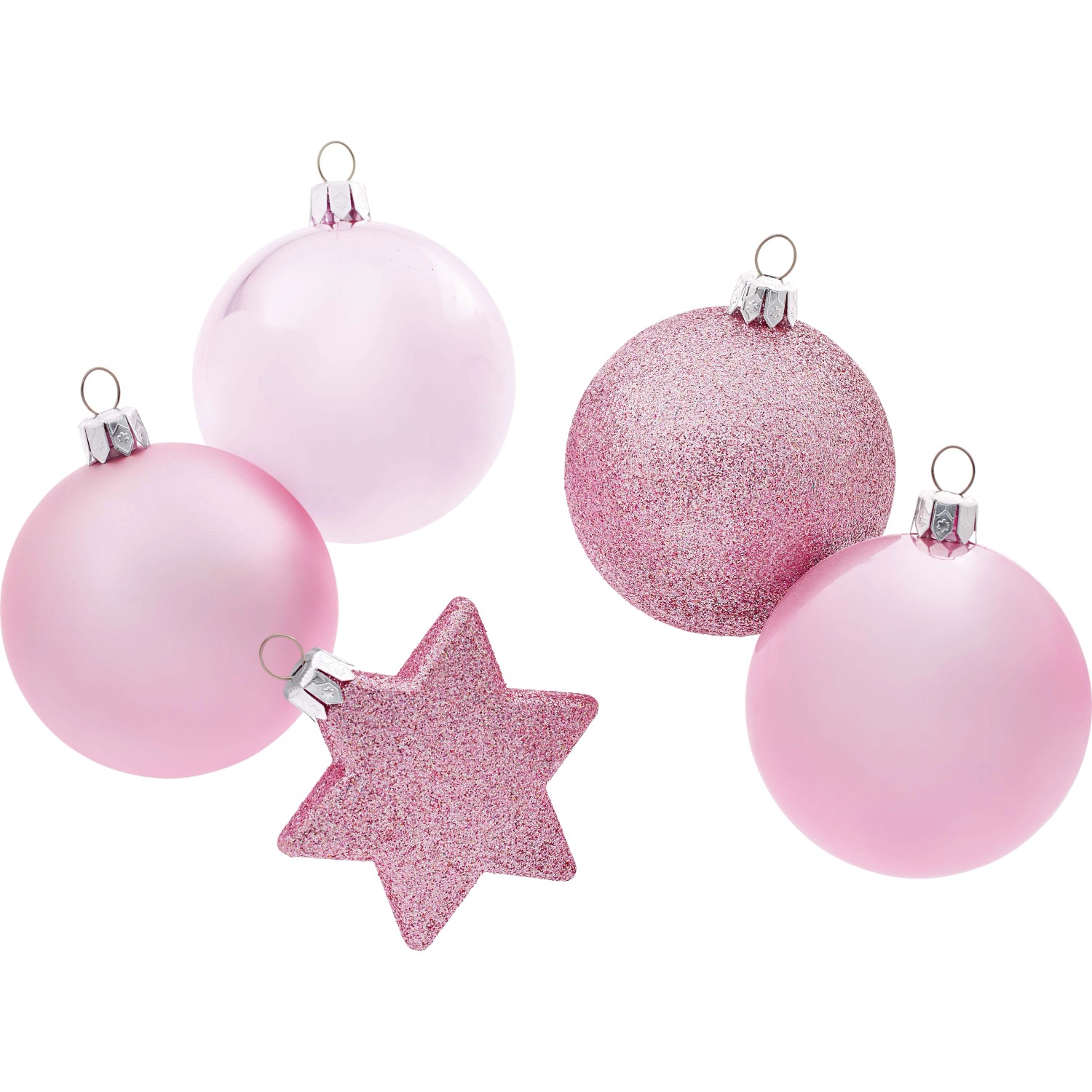 Baumschmuck-Set, 5-teilig, pink: Christbaumkugeln und Stern mit Glitzer, matt und glänzend.