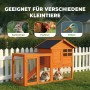 Oranger PawHut Kaninchenstall aus Tannenholz mit schwarzem Dach und zwei Kaninchen im Freilauf. Ideal für Nagerställe.