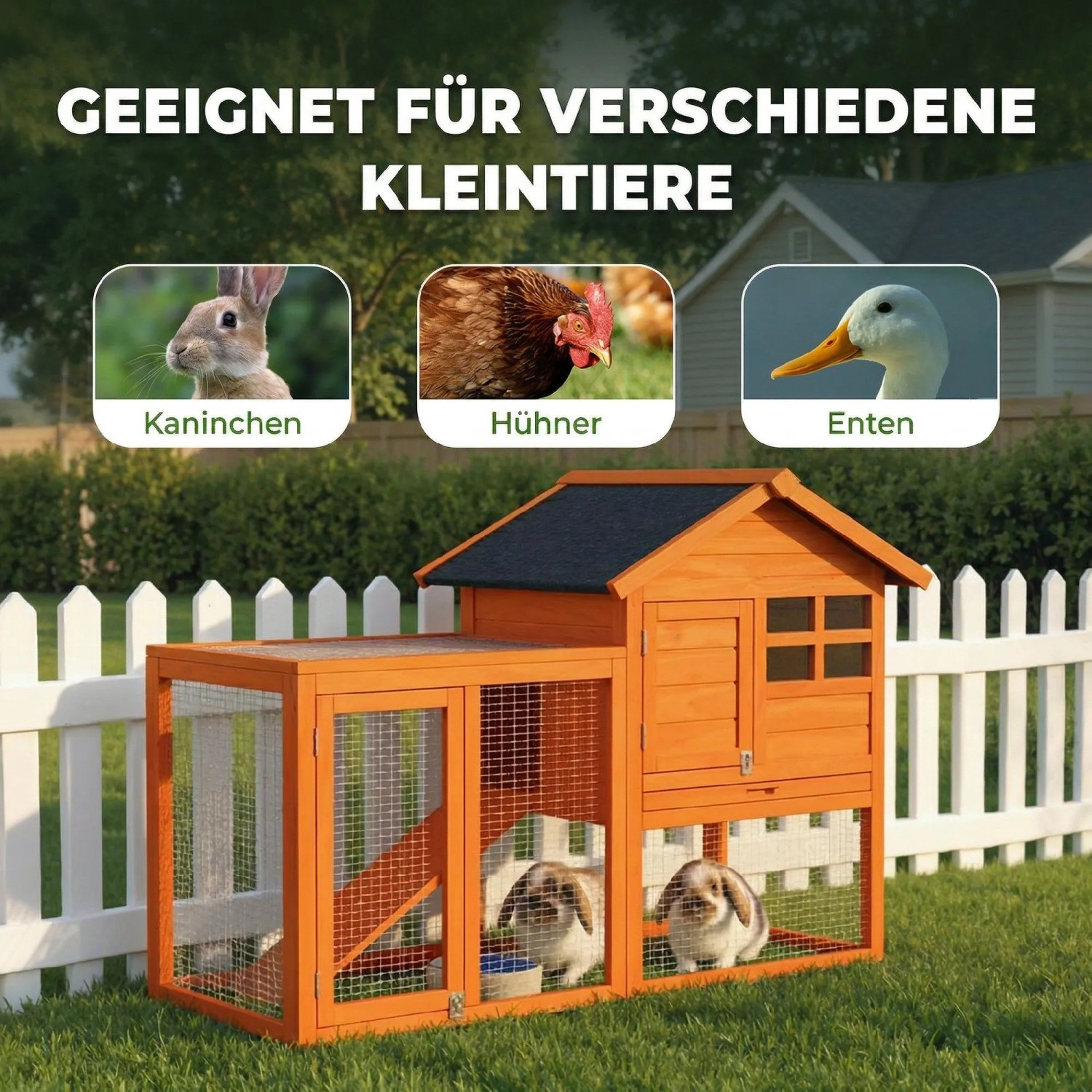 Oranger PawHut Kaninchenstall aus Tannenholz mit schwarzem Dach und zwei Kaninchen im Freilauf. Ideal für Nagerställe.
