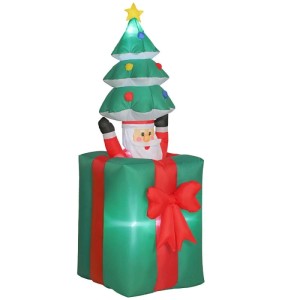 Aufblasbare Weihnachtsdeko: Weihnachtsmann in grünem Geschenk mit Tannenbaum. LED-beleuchtet, Polyester für Garten.
