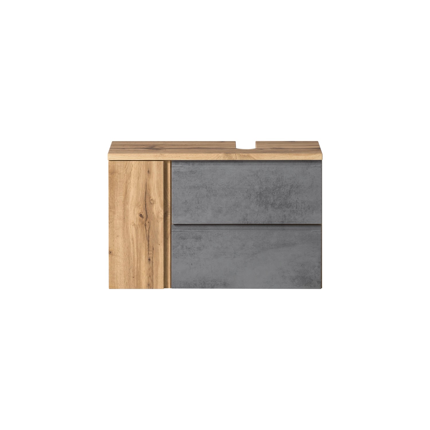 Held Möbel Unterbecken-Set Ancona, 85cm, Betongrau und Wotaneiche mit zwei Schubladen und Siphonausschnitt rechts.