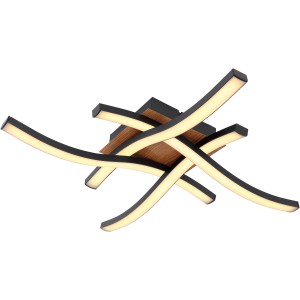 Moderne LED Deckenleuchte Evita, 43 cm, schwarz/Holzoptik mit geschwungenen Leuchtelementen.