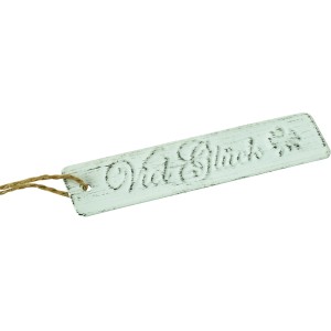 Videx Garden Geschenkanhänger aus Metall, altweiß mit Kordel und "Viel Glück" Schriftzug.