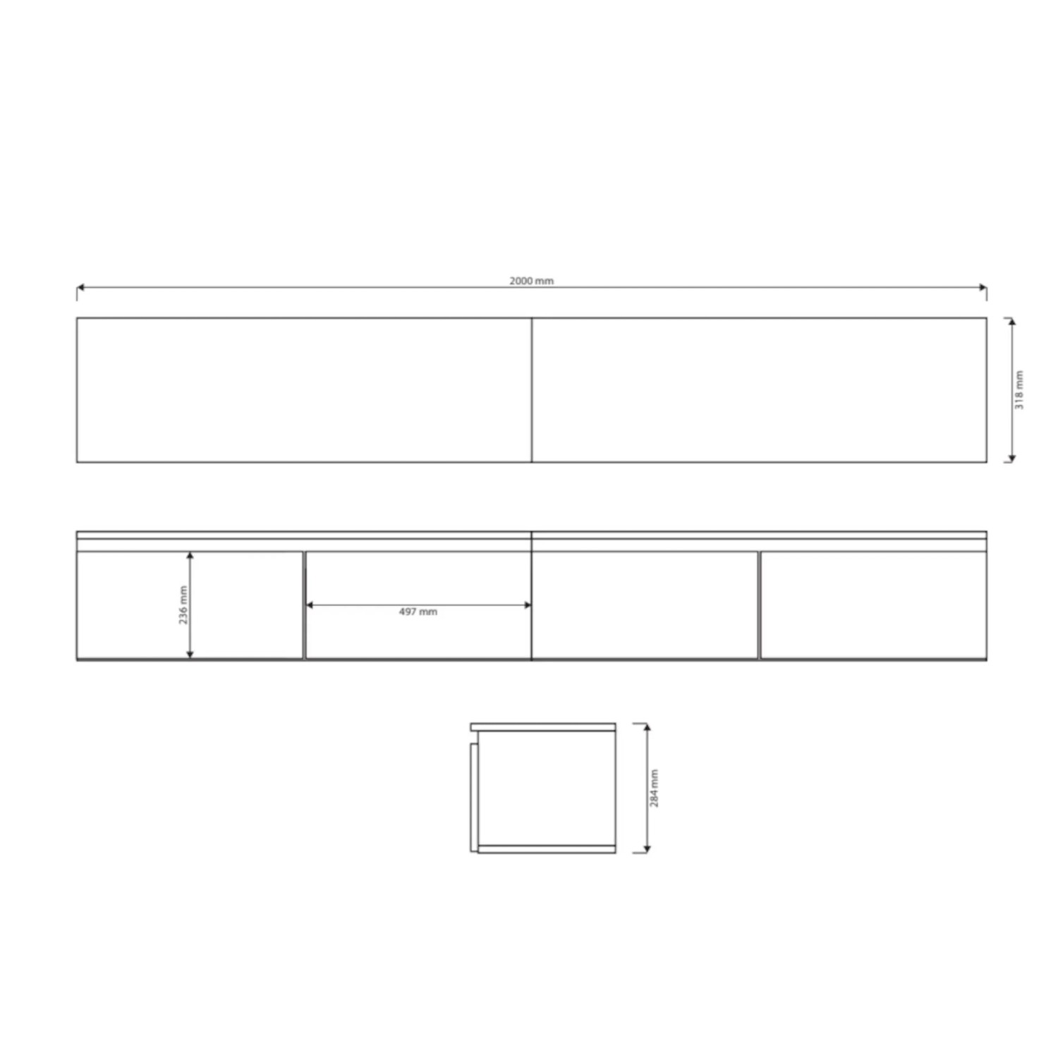 Maßzeichnung Selsey TV-Hängeboard Bemmi 200 cm. Zeigt Front-, Seiten- und Draufsicht des TV-Schranks mit Maßen.