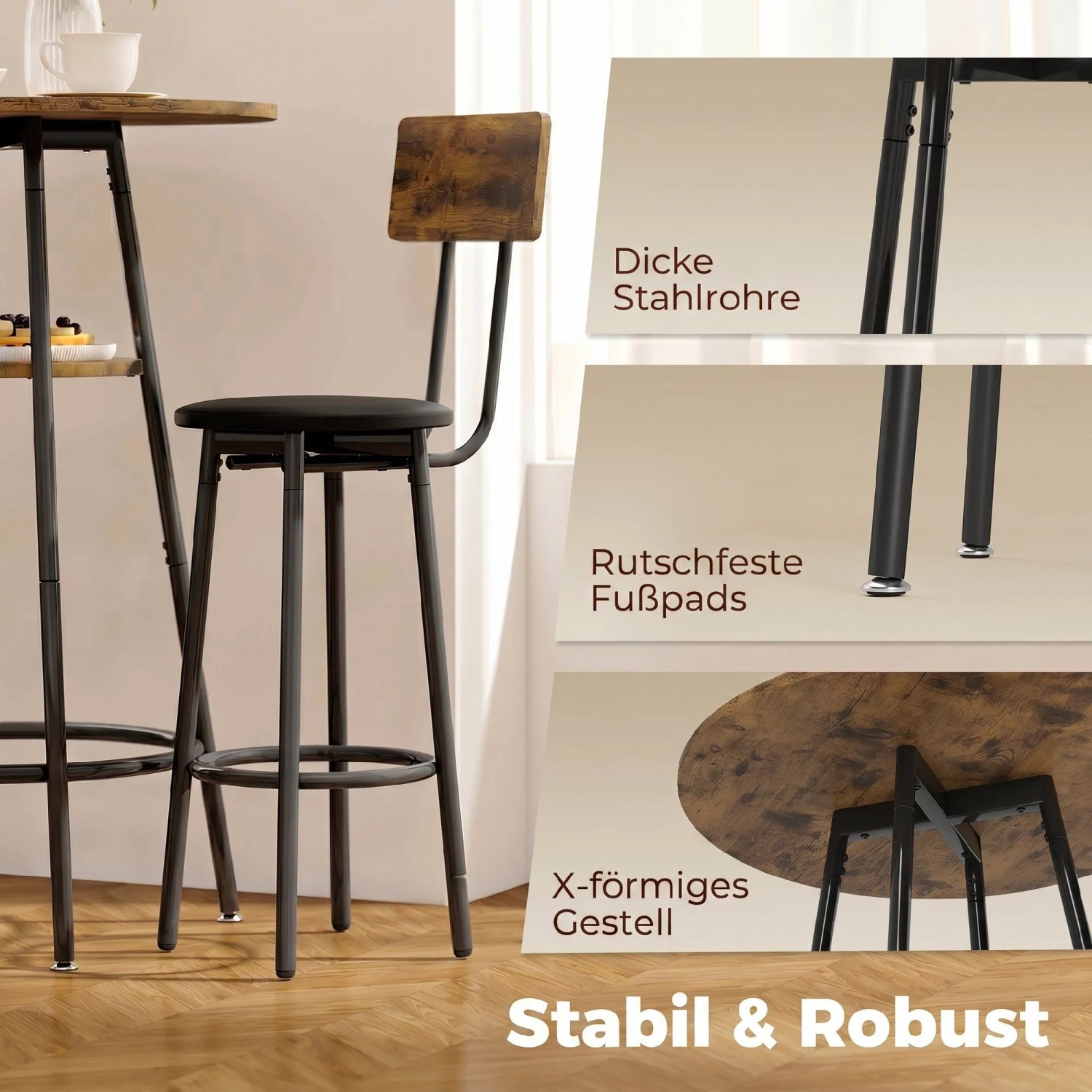 HOMCOM Bartisch-Set: Barhocker mit rustikaler Rückenlehne, schwarzem Sitz, Metallgestell. Details: dicke Stahlrohre, rutschfeste Fußpads.