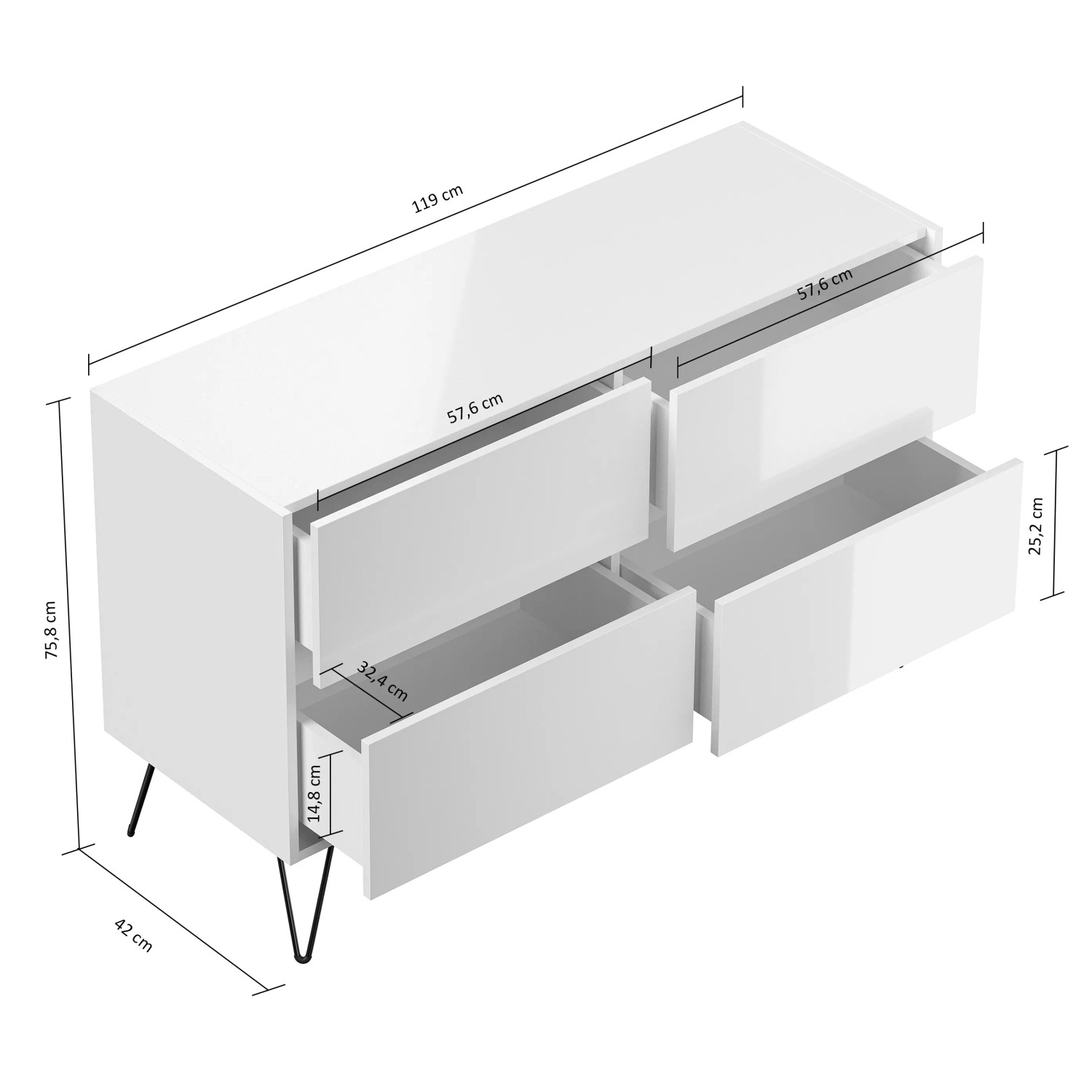 Posseik Sideboard Industrial E 4 Schubladen 120 cm Weiß Hochglanz kaufen bei OBI