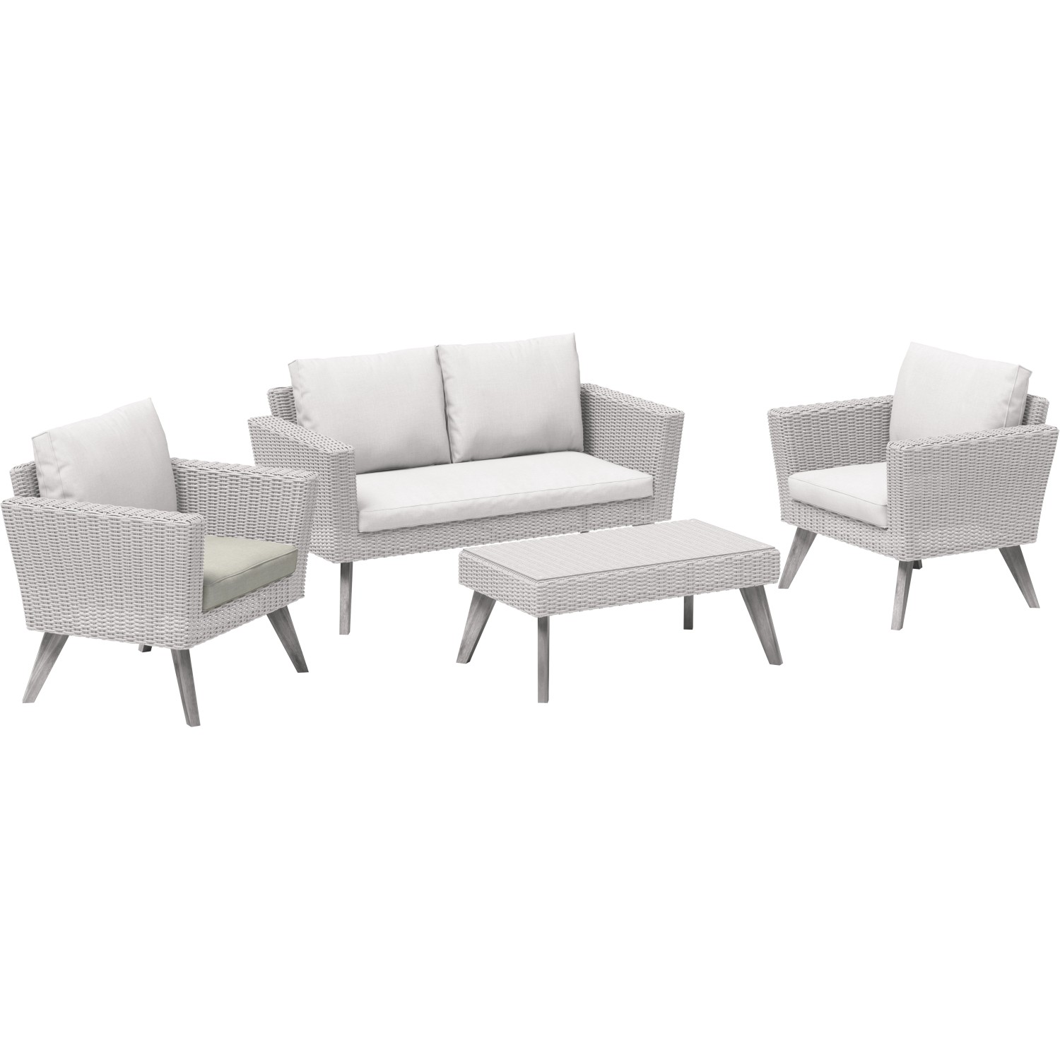 Manila Lounge-Gartenmöbel Set mit Sessel, Sofa und Tisch, beige Sitzkissen.