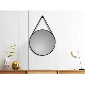 Runder Wandspiegel, DSK Design, Ø 50 cm, Schwarz matt, mit Ledergurt zur Aufhängung.