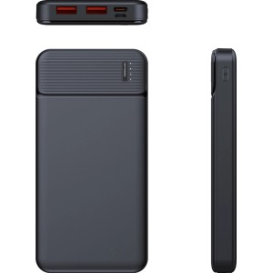 Link2Home Powerbank Slim, 10000 mAh, mit Anschluss-Ports und Ladezustandsanzeige.