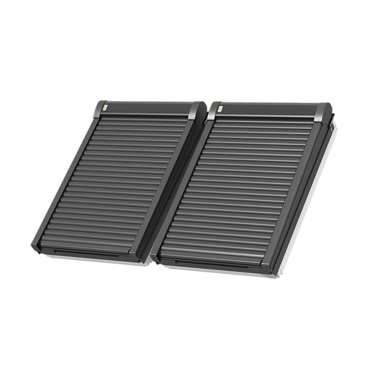 Zwei graue Elektro-Rolläden Modular CK04 Alu für Dachfenster, geschlossen.