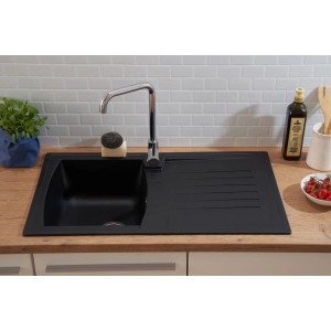 Schwarze Respekta Einbauspüle Mineralite Boston, 86x50 cm, mit Abtropffläche.